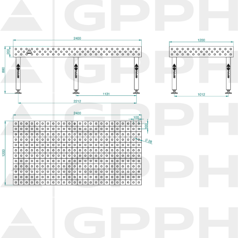 Schweißtisch PLUS INOX Größe – 2400 x 1200 mm, Gitter – 100 x 100 mm, System – Φ28, Beine – auf Füßen – technische Zeichnung