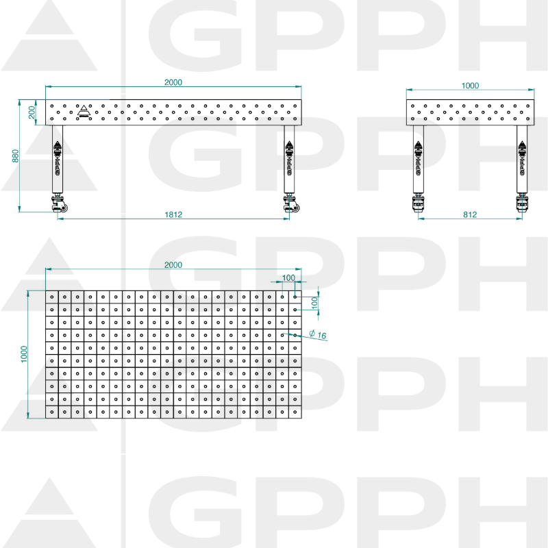 Stół Spawalniczy PLUS INOX Rozmiar - 2000x1000mm, Siatka - 100x100mm, System - Φ16, Nogi - Na kołach - rysunek techniczny