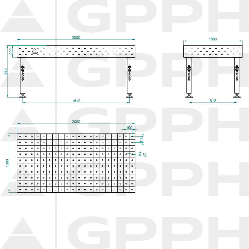 Stół Spawalniczy PLUS INOX Rozmiar - 2000x1000mm, Siatka - 100x100mm, System - Φ16, Nogi - Na stopach - rysunek techniczny