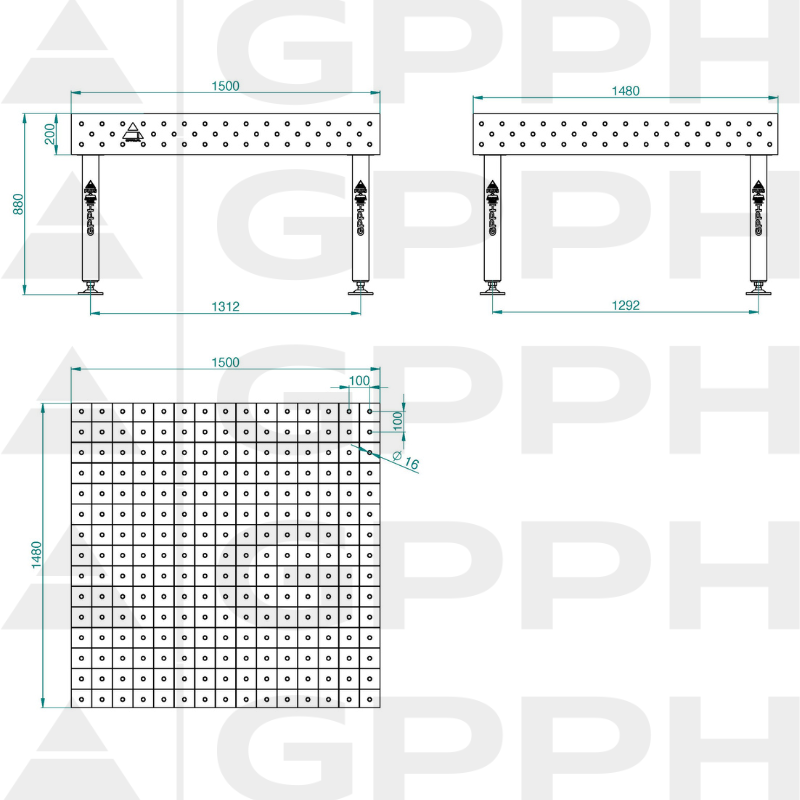 Table de soudage PLUS INOX Dimensions - 1500x1480mm, Grille - 100x100mm, Système - Φ16, Pieds - Sur socle - dessin technique