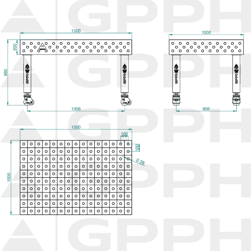 Stół Spawalniczy PLUS INOX Rozmiar - 1500x1000mm, Siatka - 100x100mm, System - Φ28, Nogi - Na kołach - rysunek techniczny
