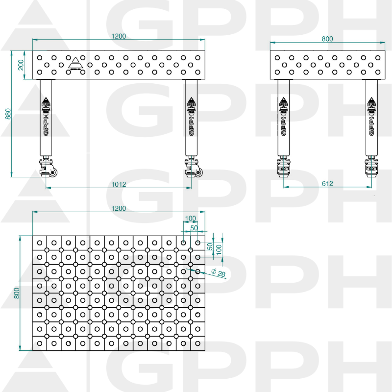Lastafel PLUS INOX Afmeting - 1200x800mm, Raster - DIAGONAAL, Systeem - Φ28, Poten - Op wielen - technische tekening
