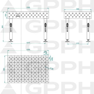 Lastafel PLUS INOX Afmeting - 1200x800mm, Raster - DIAGONAAL, Systeem - Φ28, Poten - Op voeten - technische tekening