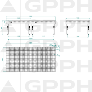 Stół Spawalniczy PLUS INOX Rozmiar - 3000x1480mm, Siatka - 50x50mm, System - Φ16, Nogi - Na stopach - rysunek techniczny