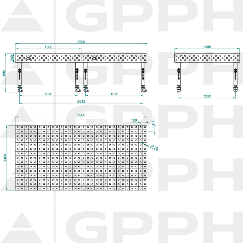 Stół Spawalniczy PLUS INOX Rozmiar - 3000x1480mm, Siatka - 100x100mm, System - Φ28, Nogi - Na kołach - rysunek techniczny