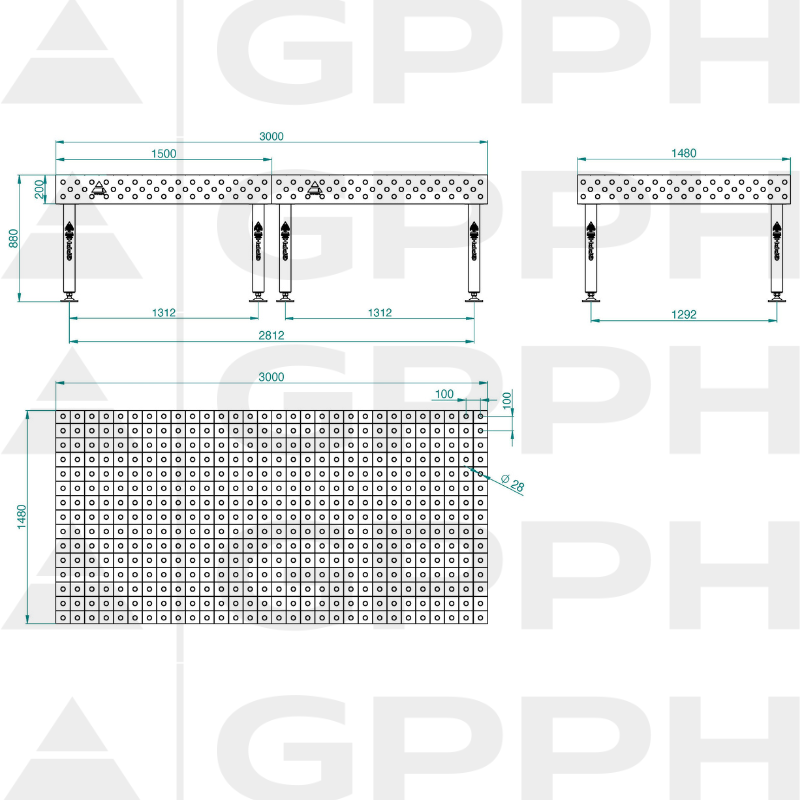 Stół Spawalniczy PLUS INOX Rozmiar - 3000x1480mm, Siatka - 100x100mm, System - Φ28, Nogi - Na stopach - rysunek techniczny