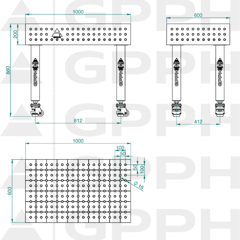 Schweißtisch PLUS INOX Größe – 1000 x 600 mm, Gitter – 50 x 50 mm, System – Φ16, Beine – auf Rollen – technische Zeichnung