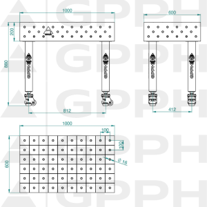 Schweißtisch PLUS INOX Größe - 1000x600mm, Gitter - 100x100mm, System - Φ16, Beine - Auf Rollen - technische Zeichnung