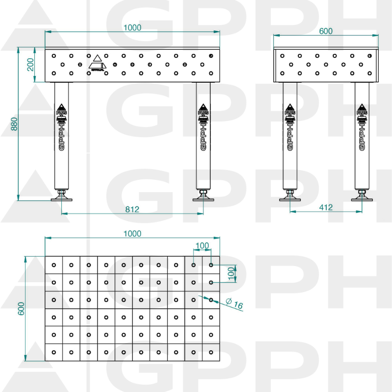 Schweißtisch PLUS INOX Größe – 1000 x 600 mm, Gitter – 100 x 100 mm, System – Φ16, Beine – auf Füßen – technische Zeichnung