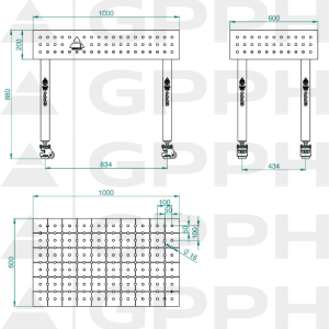 Welding table ECO 1000x600 mm Φ16 50x50 On wheels Technical drawing