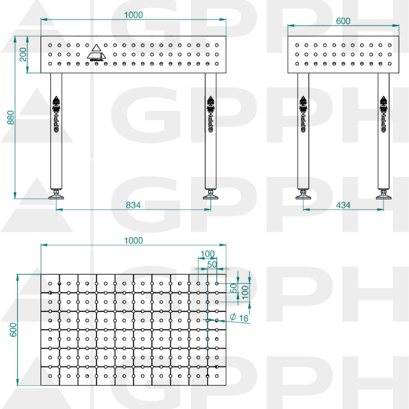 Welding table ECO 1000x600 mm Φ16 50x50 On feet Technical drawing