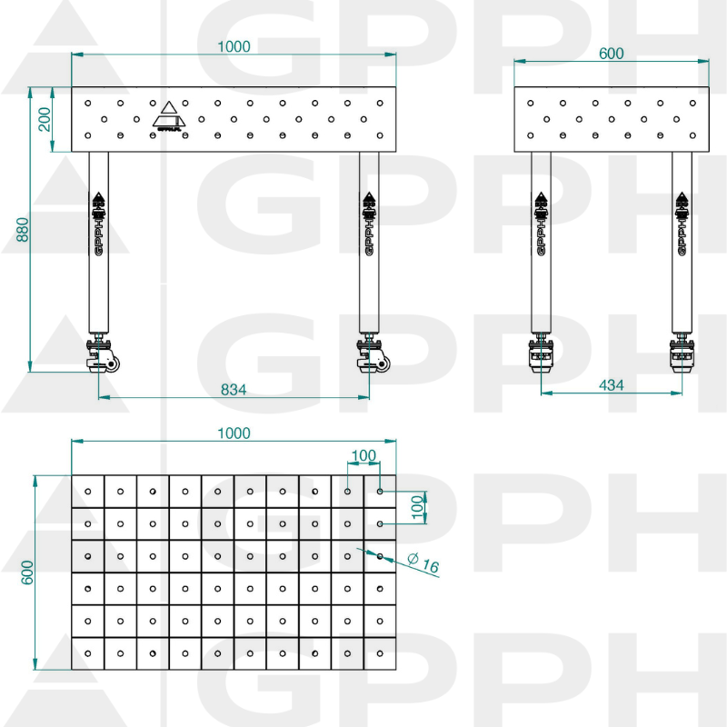Welding table ECO 1000x600 mm Φ16 100x100 On wheels Technical drawing