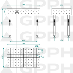 Welding table ECO 1000x600 mm Φ16 100x100 On feet Technical drawing