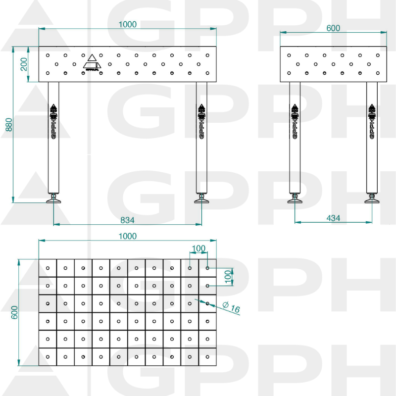Welding table ECO 1000x600 mm Φ16 100x100 On feet Technical drawing