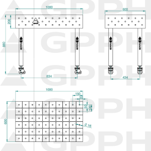 Welding table ECO 1000x600 mm Φ16 diagonal On wheels Technical drawing