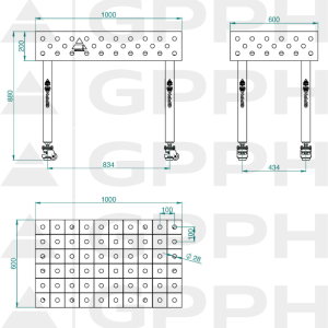 Welding table ECO 1000x600 mm Φ28 100x100 On wheels Technical drawing