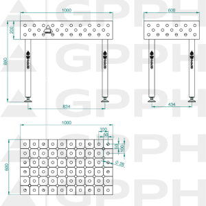 Welding table ECO 1000x600 mm Φ28 diagonal On feet Technical drawing