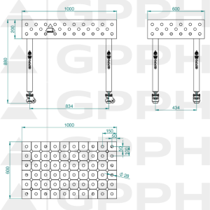 Welding table ECO 1000x600 mm Φ28 diagonal On wheels Technical drawing