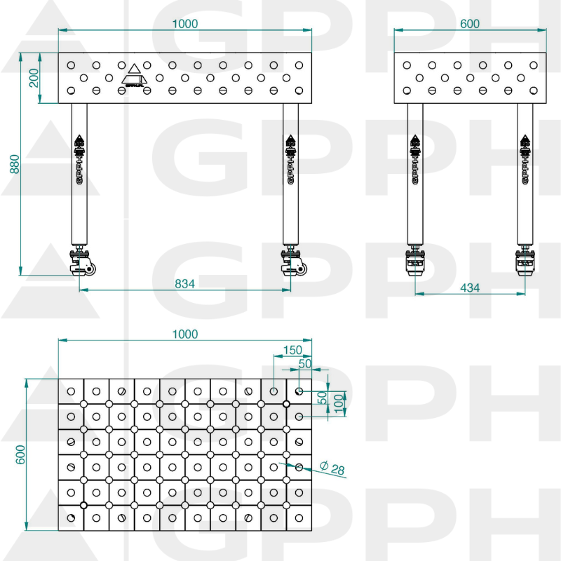 Welding table ECO 1000x600 mm Φ28 diagonal On wheels Technical drawing