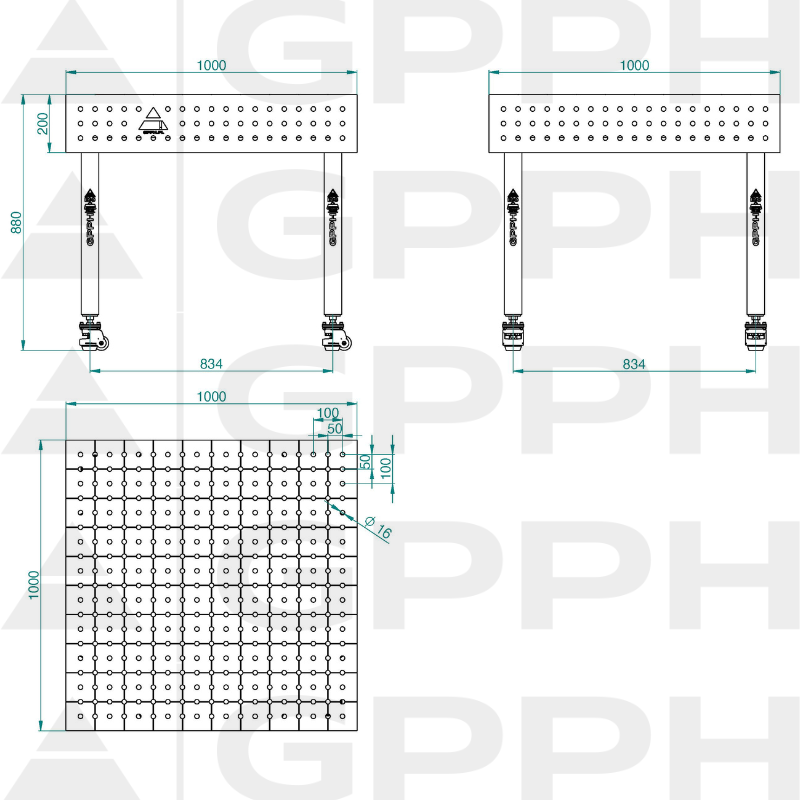 Welding table ECO 1000x1000 mm Φ16 50x50 On wheels Technical drawing