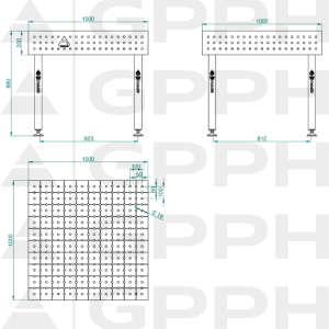Welding table ECO 1000x1000 mm Φ16 50x50 On feet Technical drawing