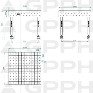 Welding table ECO 1000x1000 mm Φ16 100x100 On wheels Technical drawing