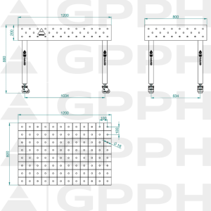 Welding table ECO 1200x800 mm Φ16 100x100 On wheels Technical drawing