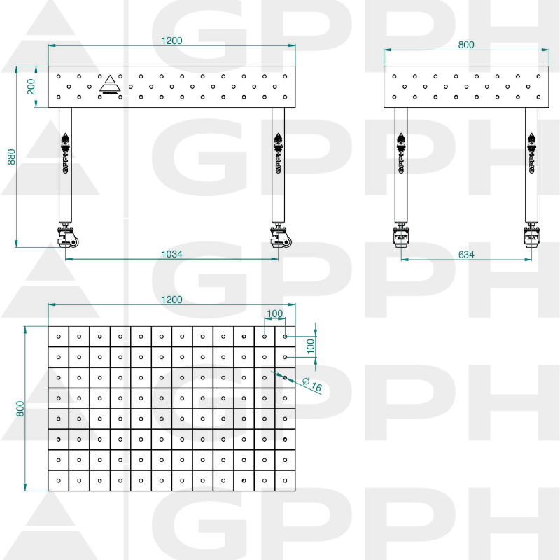Welding table ECO 1200x800 mm Φ16 100x100 On wheels Technical drawing