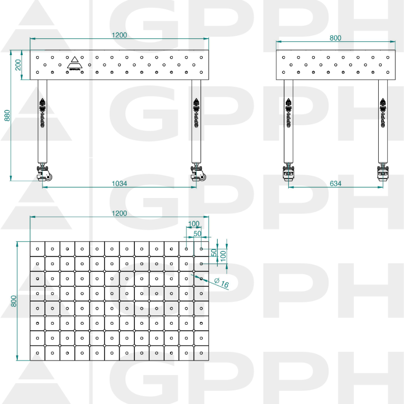 Welding table ECO 1200x800 mm Φ16 diagonal On wheels Technical drawing