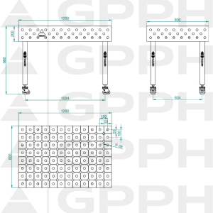 Welding table ECO 1200x800 mm Φ28 diagonal On wheels Technical drawing