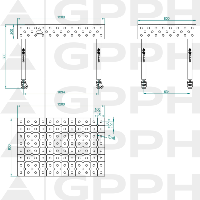 Welding table ECO 1200x800 mm Φ28 diagonal On wheels Technical drawing