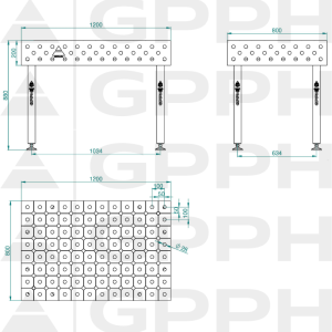 Welding table ECO 1200x800 mm Φ28 diagonal On feet Technical drawing
