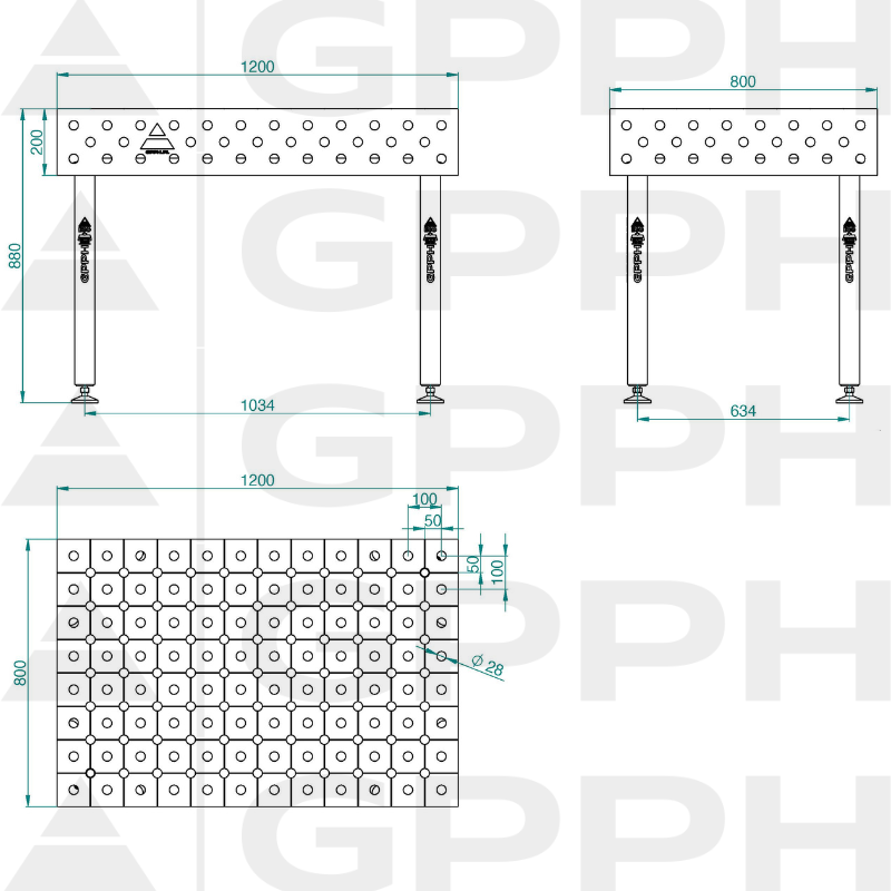 Welding table ECO 1200x800 mm Φ28 diagonal On feet Technical drawing