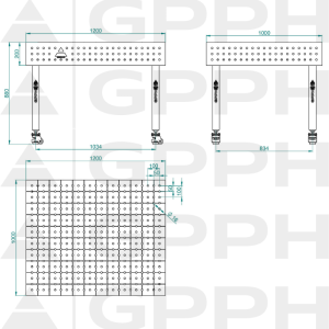 Welding Table ECO 1200x1000 mm fi16 50x50 wheels Technical drawing