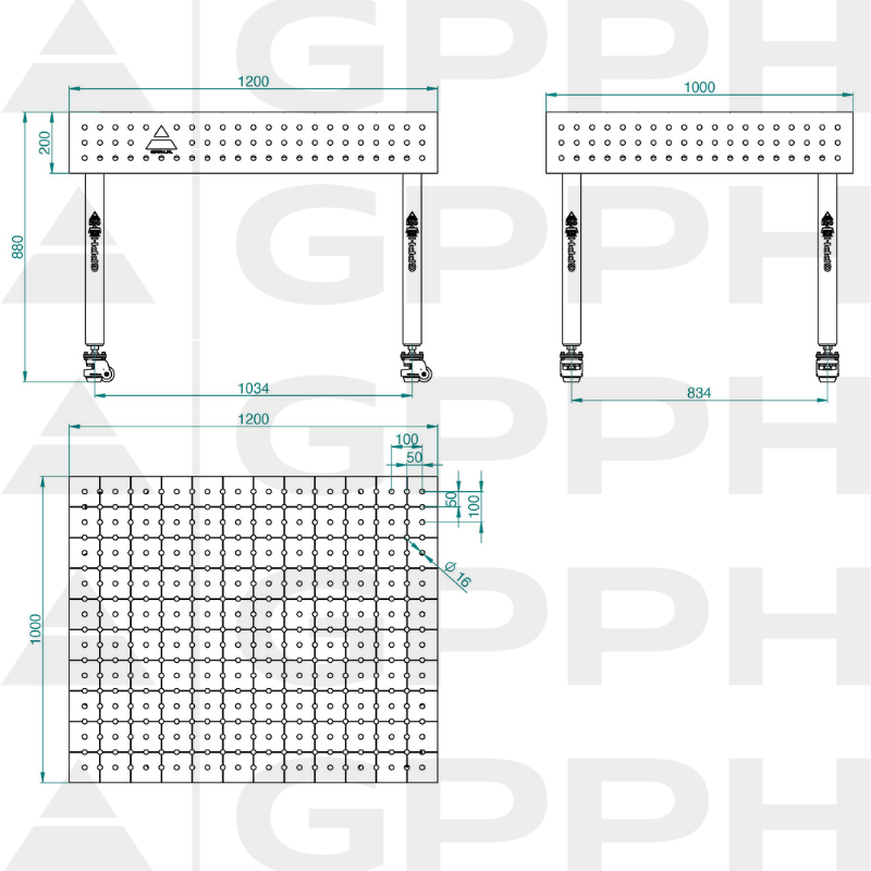 Welding Table ECO 1200x1000 mm fi16 50x50 wheels Technical drawing