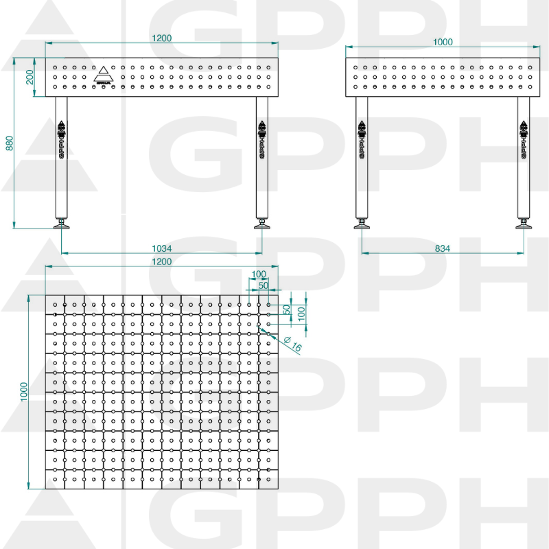 Welding Table ECO 1200x1000 mm fi16 50x50 feet Technical drawing