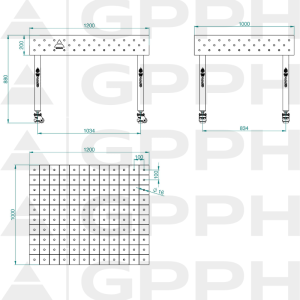 Welding Table ECO 1200x1000 mm fi16 100x100 wheels Technical drawing