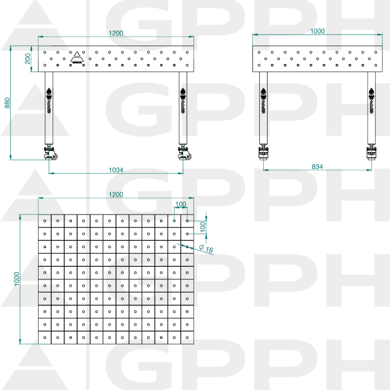 Welding Table ECO 1200x1000 mm fi16 100x100 wheels Technical drawing