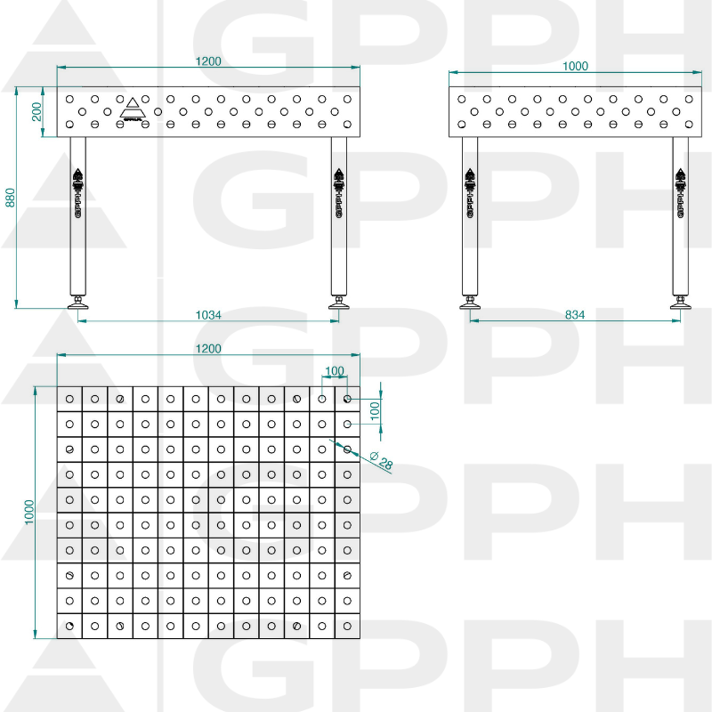 Welding table ECO 1200x1000 mm Φ28 100x100 On feet Technical drawing