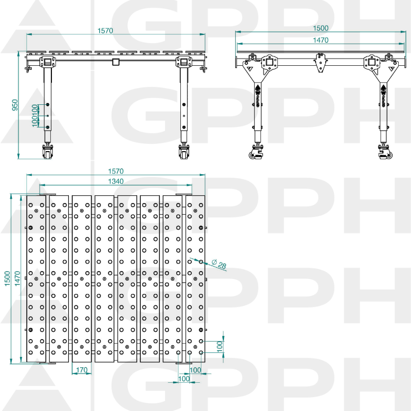 Dessin technique Table MWT POJEDYNCZY 1600x1500 mm fi28 100x100