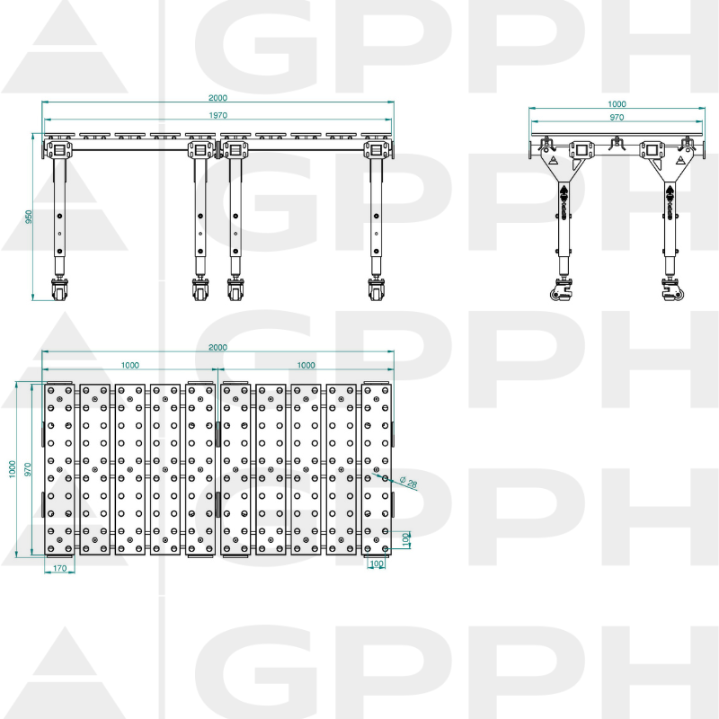 Rysunek techniczny Stół MWT PODWÓJNY 2000x1000 mm fi28 100x100