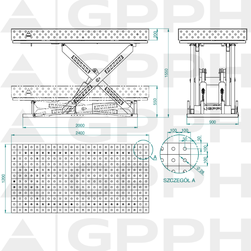 Dibujo técnico Mesa XWT ECO 2400x1200 mm fi28 100x100