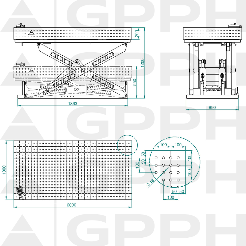 Dibujo técnico Mesa XWT ECO 2000x1000 mm fi16 50x50