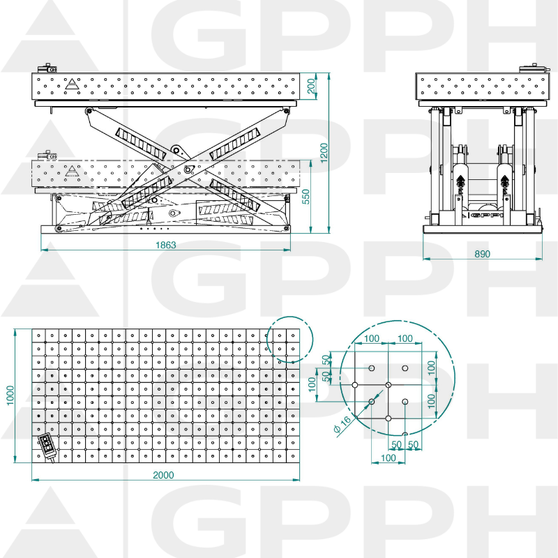 Dibujo técnico Mesa XWT ECO 2000x1000 mm fi16 diagonal