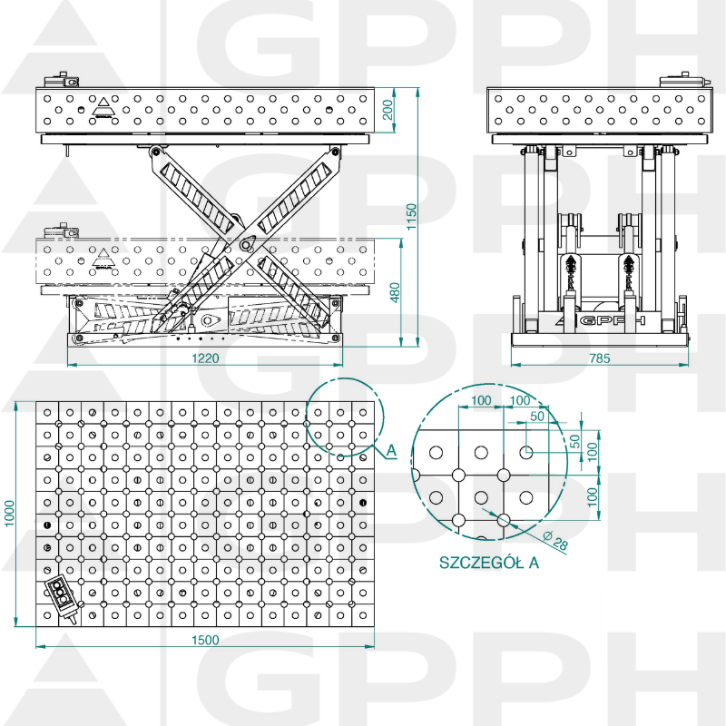 Technický výkres Stôl XWT PLUS 1500x1000 mm fi28 diagonálna