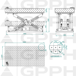 Tehnički crtež Zavarivački stol XWT PLUS 2000x1000 mm fi16 100x100