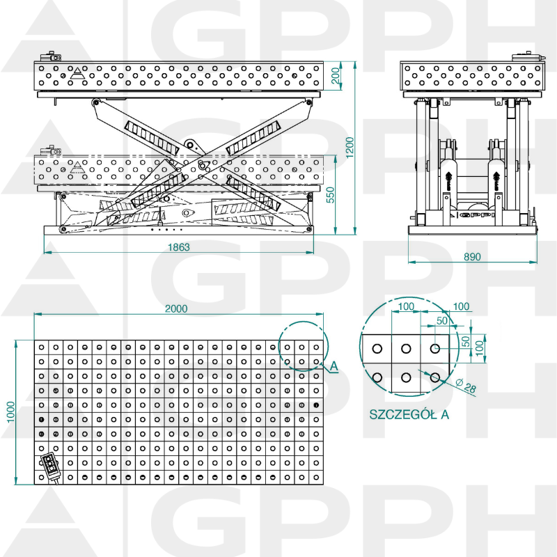 Tehnički crtež Zavarivački stol XWT PLUS 2000x1000 mm fi28 100x100