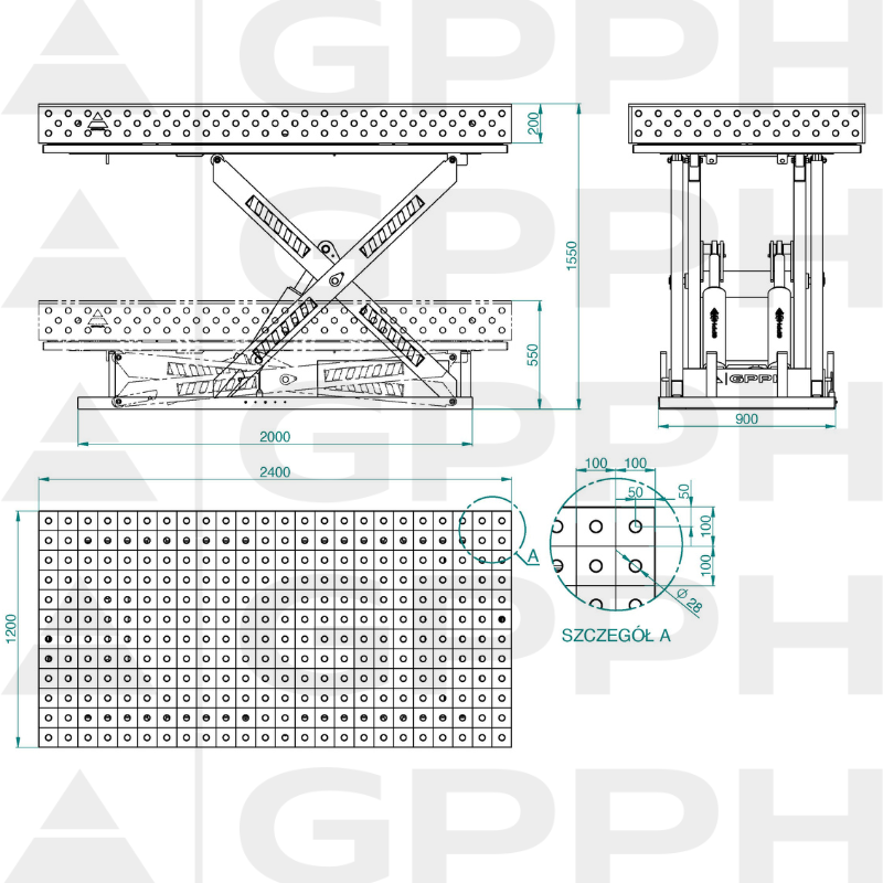 Dibujo técnico Mesa XWT PLUS 2400x1200 mm fi28 100x100