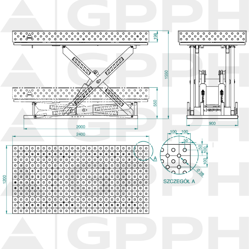 Dibujo técnico Mesa XWT PLUS 2400x1200 mm fi28 diagonal