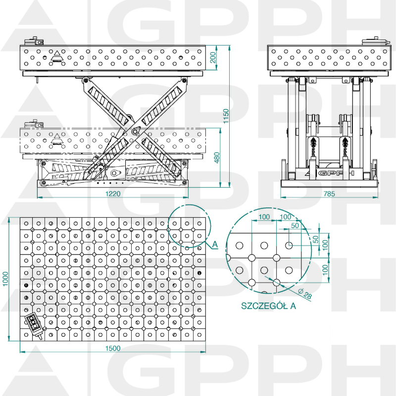 Dibujo técnico Mesa XWT PRO 1500x1000 mm fi28 diagonal